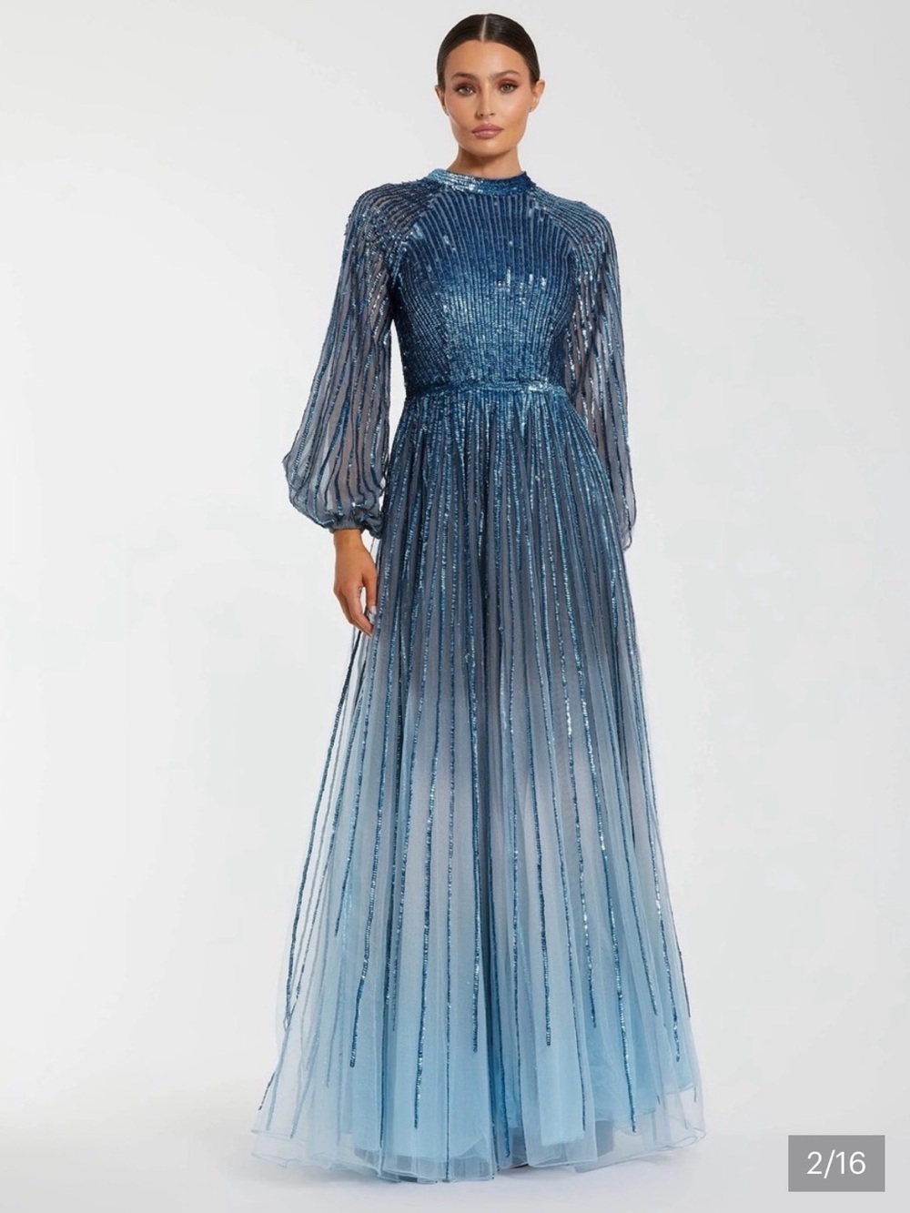 Mac Duggal Blue Ombre Sequin Long Sleeve Evening Gown